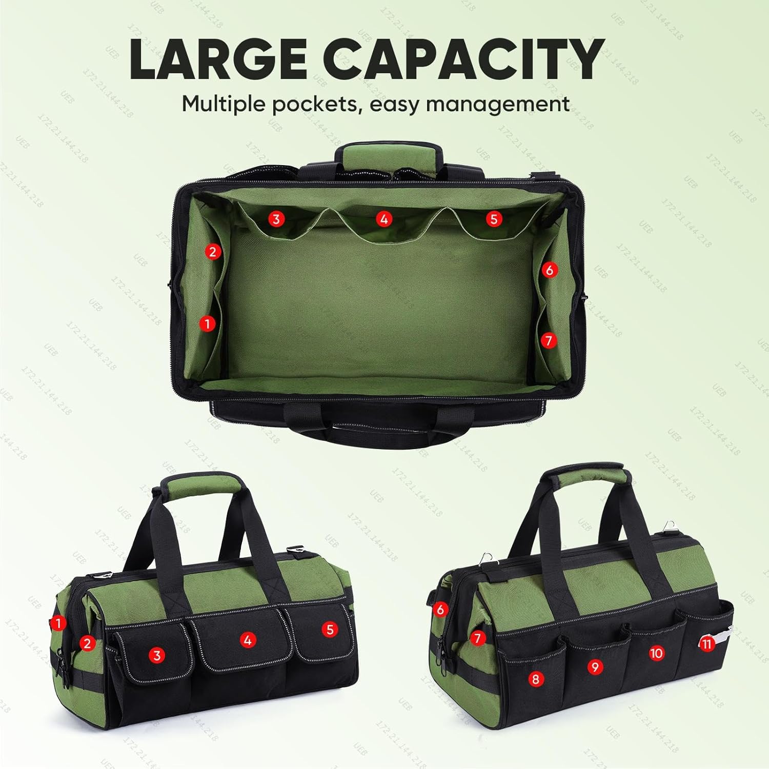 Geanta pentru electricieni 40 x 24 x 22 cm, material Oxford, rezistenta la apa, cu bretea si buzunare multiple, verde