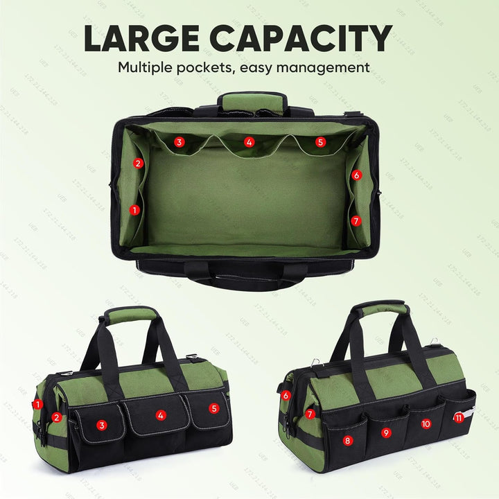 Geanta pentru electricieni 40 x 24 x 22 cm, material Oxford, rezistenta la apa, cu bretea si buzunare multiple, verde