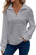 Pulover texturat cu fermoar scurt la guler Dokotoo, mânecă lungă, croială lejeră, gri, 2XL