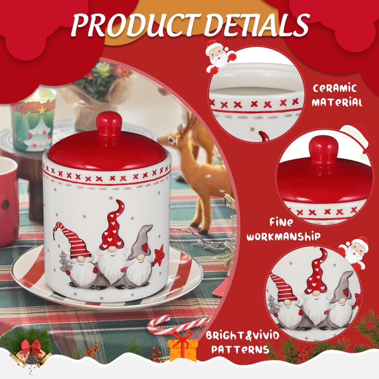 Set 2 borcane ceramice pentru biscuiți, cu capac, 14 x 10,2 x 10,2 cm, model de Crăciun