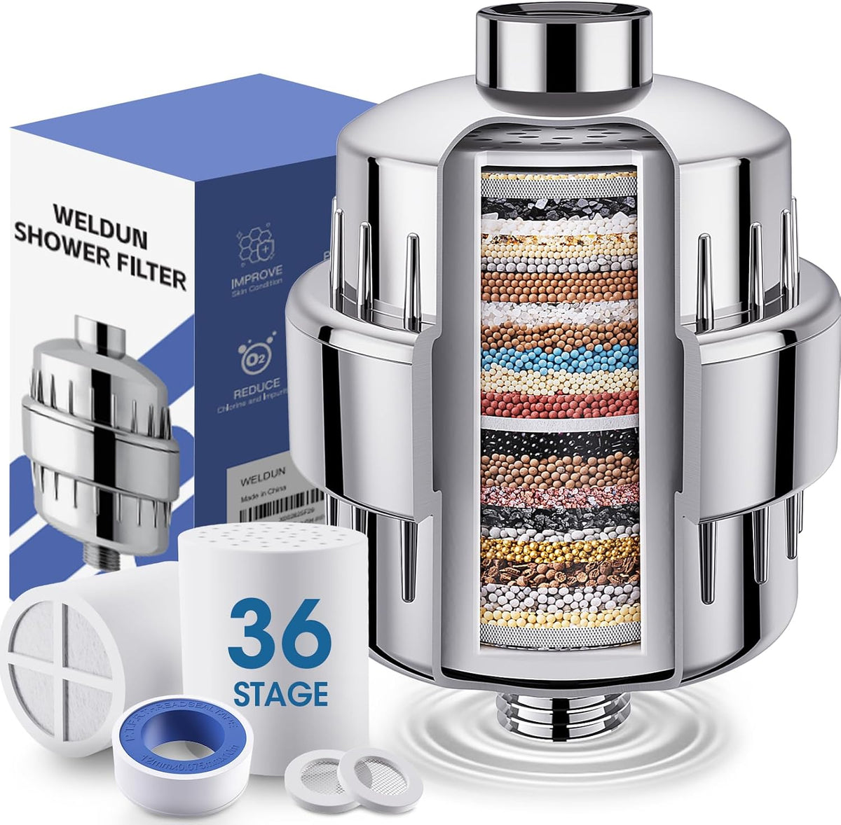 Filtru de dus 36 trepte cu vitamina C, pentru apa dura, cartus inlocuibil
