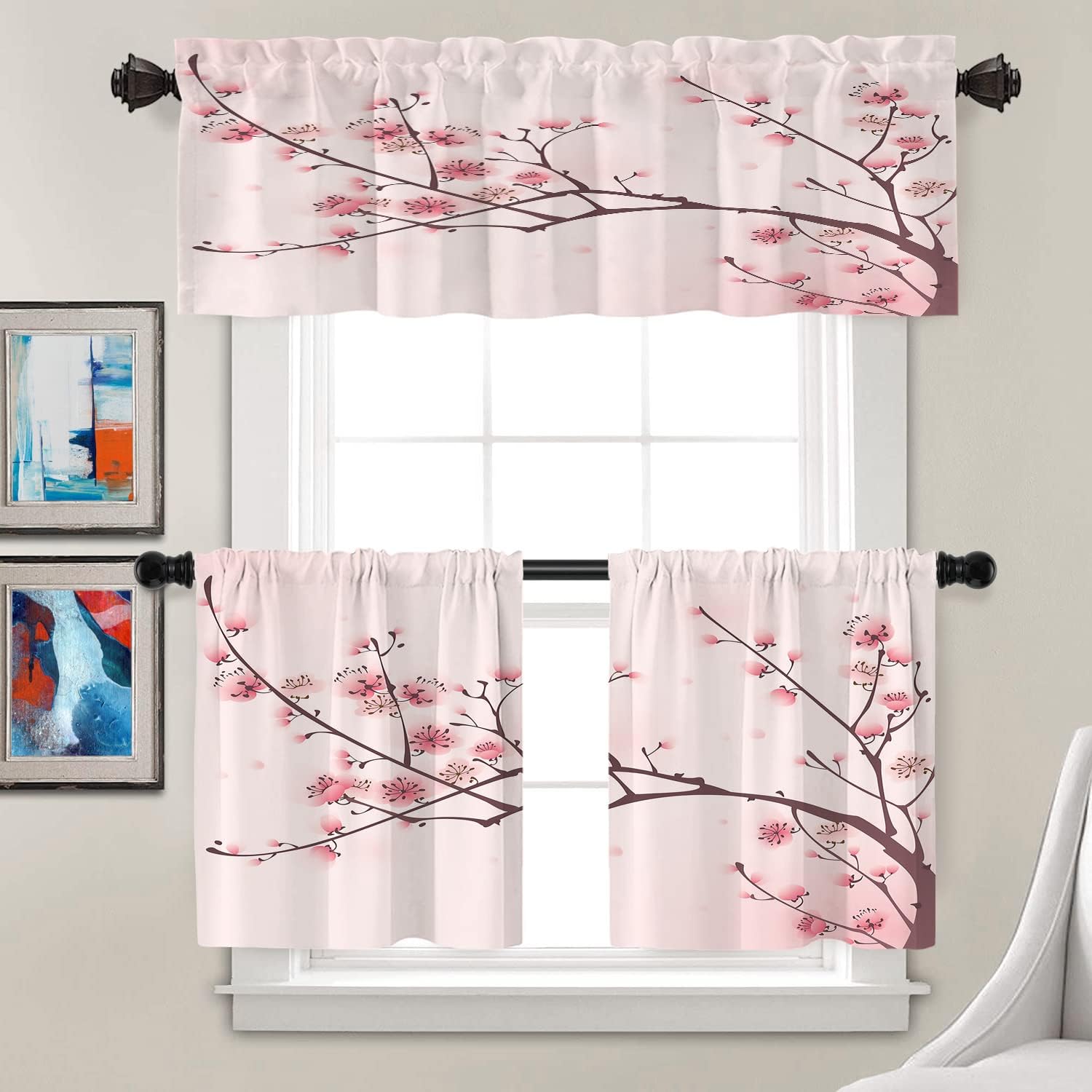 Set 2 draperii scurte decorative pentru fereastră, model flori de cireș și ramuri de prun, 132 x 40,6 cm, roz