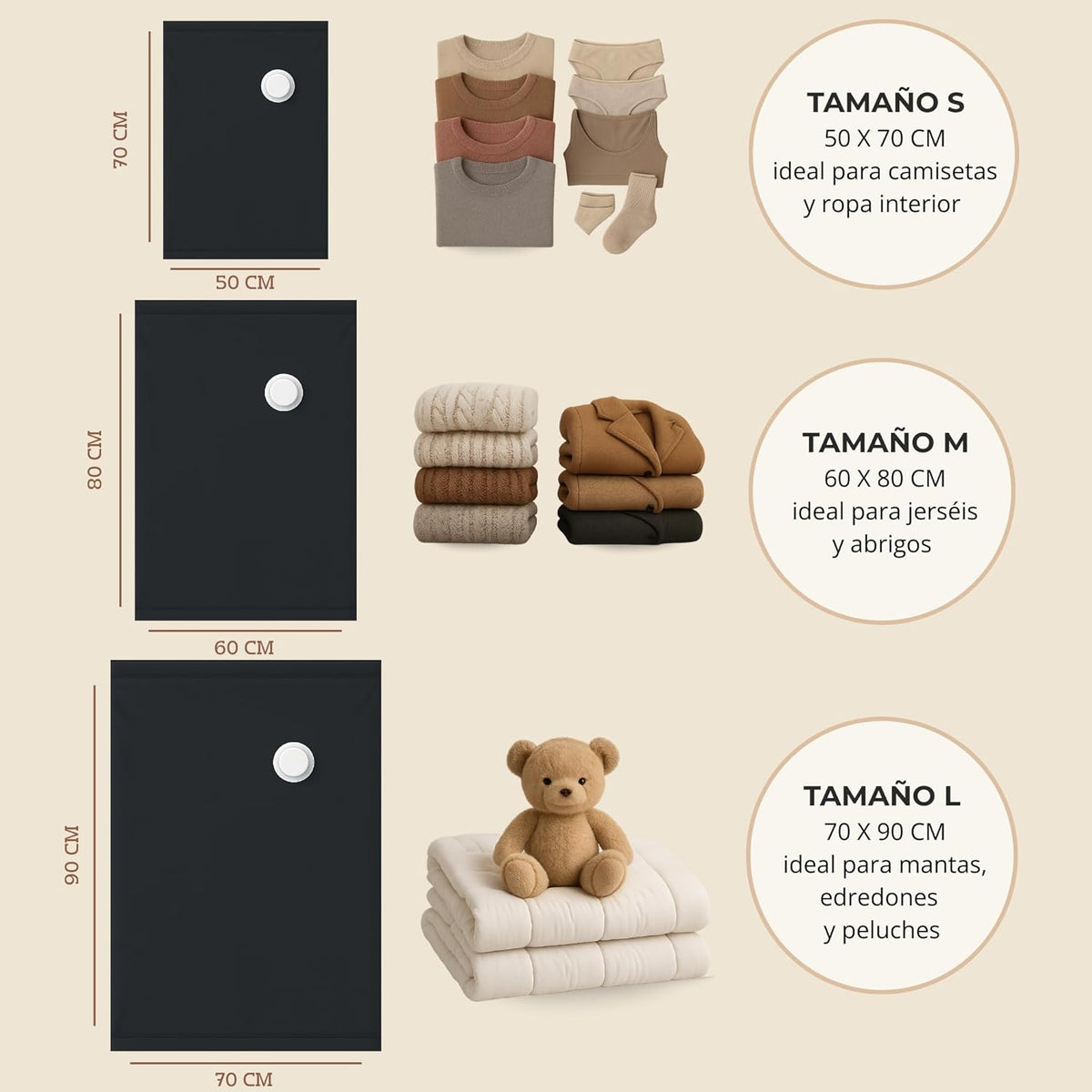 Set 6 saci de vidare pentru haine, 2S 2M 2L, cu pompa manuala si etichete