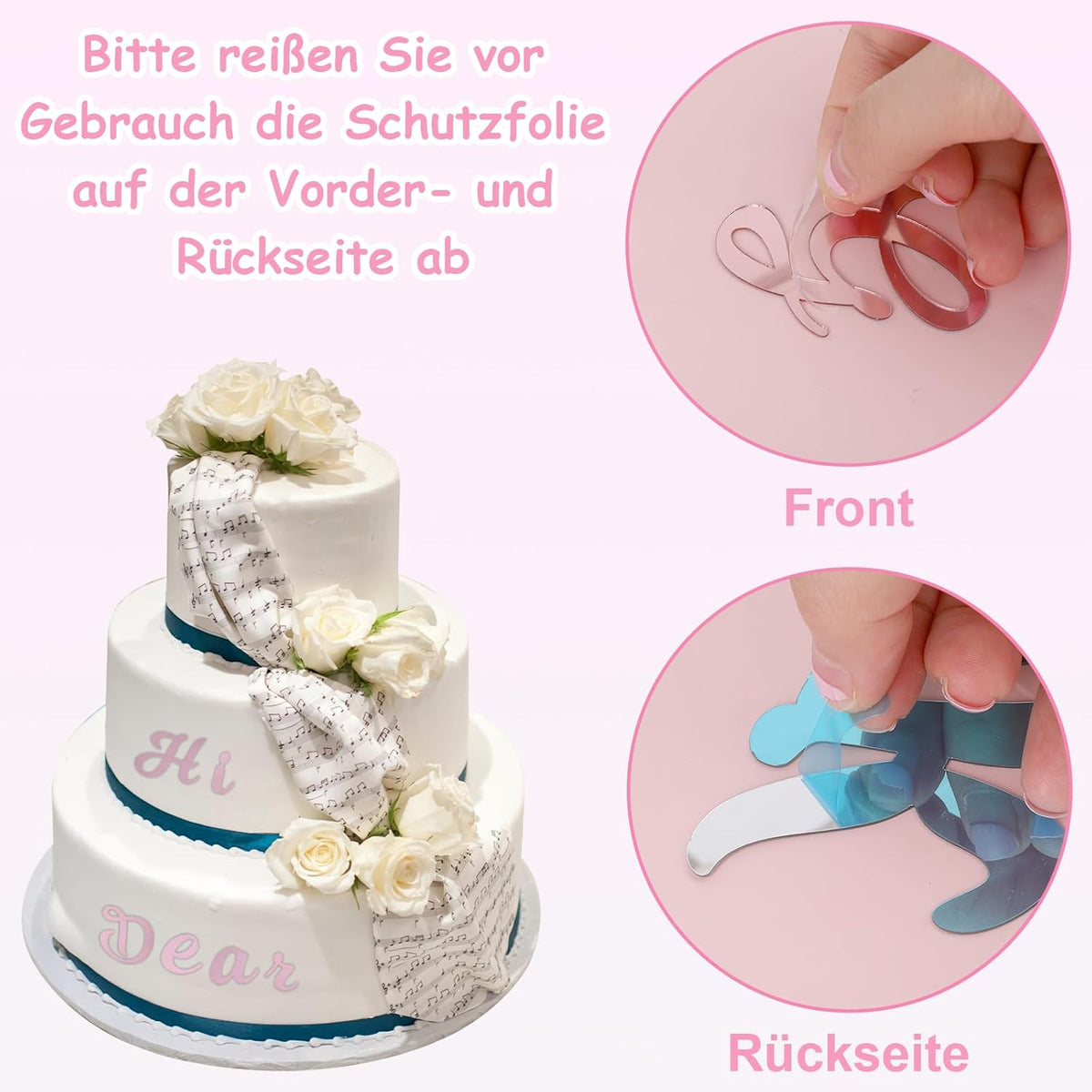 Set 64 litere pentru decor tort, acril, 6 x 5 cm, Happy Birthday, roz auriu