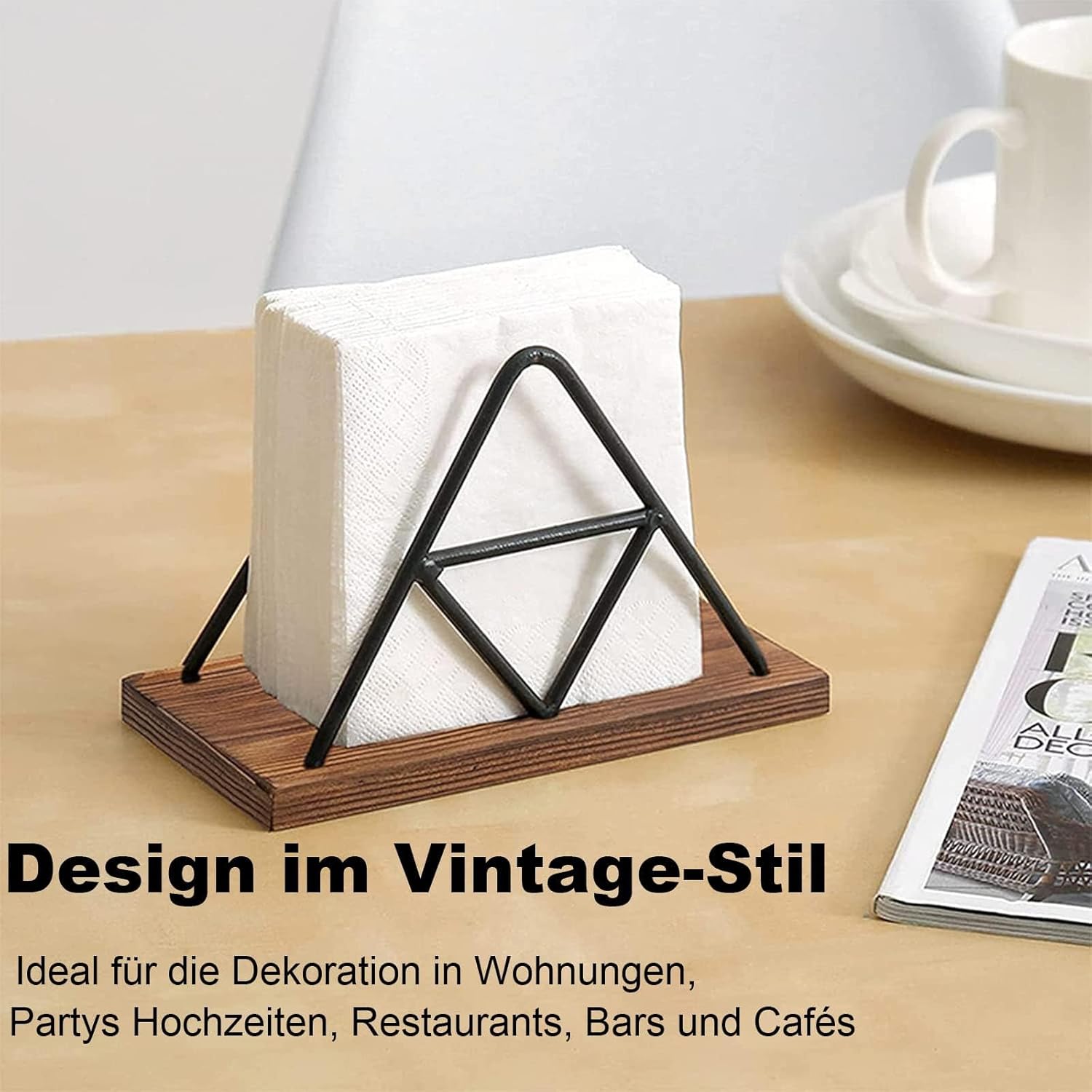 Suport servetele lemn si metal, 17 x 12,7 x 8,5 cm, design triunghiular, negru