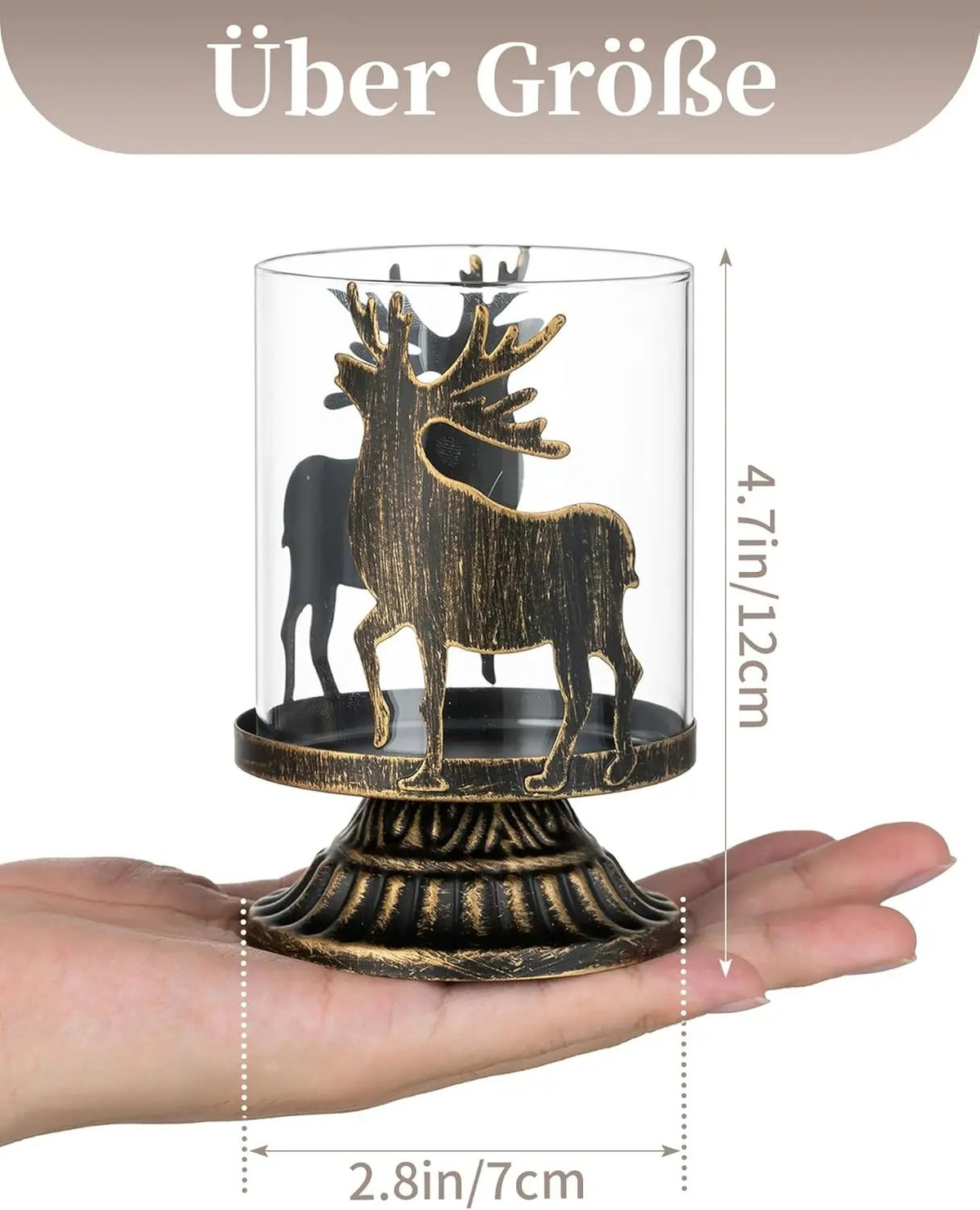 Set 4 suporturi pentru lumânări pastilă, metal și sticlă, model ren, 12 x 8 cm, negru