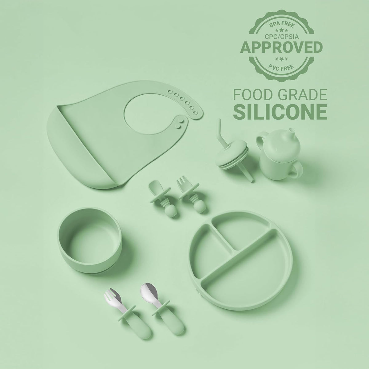 Set hranire bebelusi 10 piese, silicon alimentar, farfurie si bol cu ventuza, cana cu pai si cioc, verde