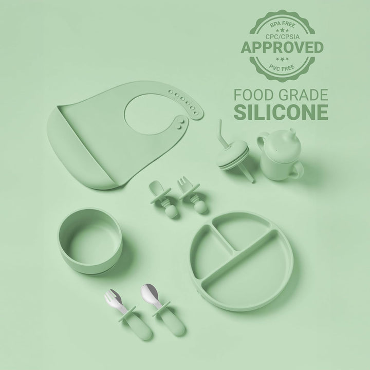 Set hranire bebelusi 10 piese, silicon alimentar, farfurie si bol cu ventuza, cana cu pai si cioc, verde