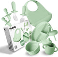 Set hranire bebelusi 10 piese, silicon alimentar, farfurie si bol cu ventuza, cana cu pai si cioc, verde