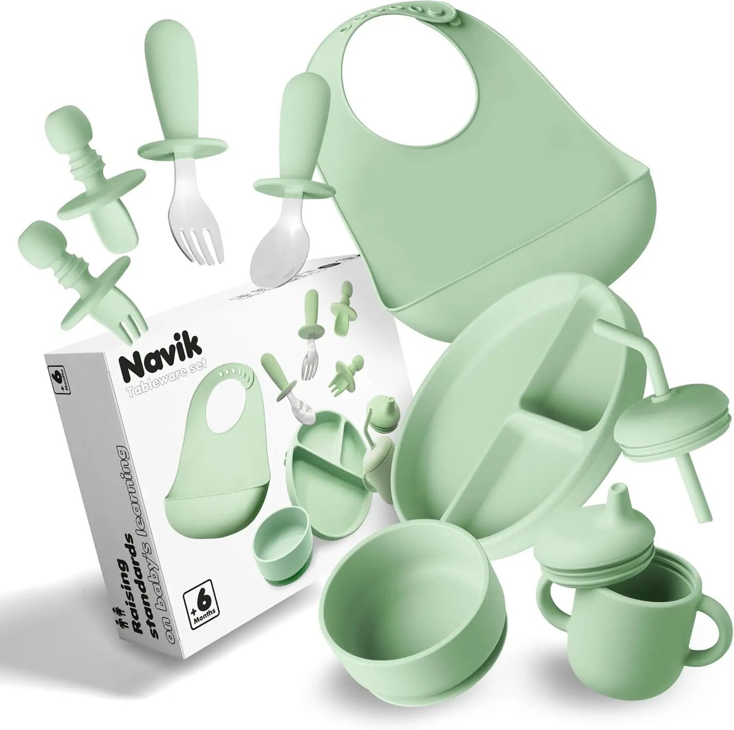Set hranire bebelusi 10 piese, silicon alimentar, farfurie si bol cu ventuza, cana cu pai si cioc, verde