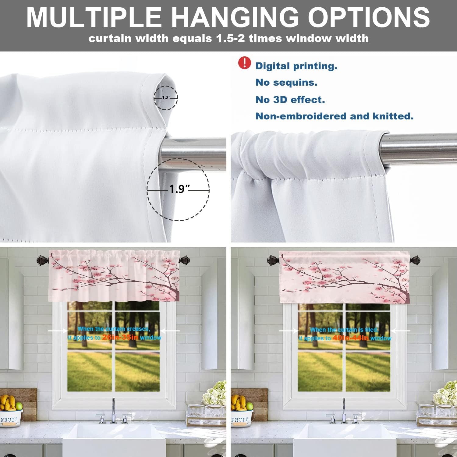 Set 2 draperii scurte decorative pentru fereastră, model flori de cireș și ramuri de prun, 132 x 40,6 cm, roz