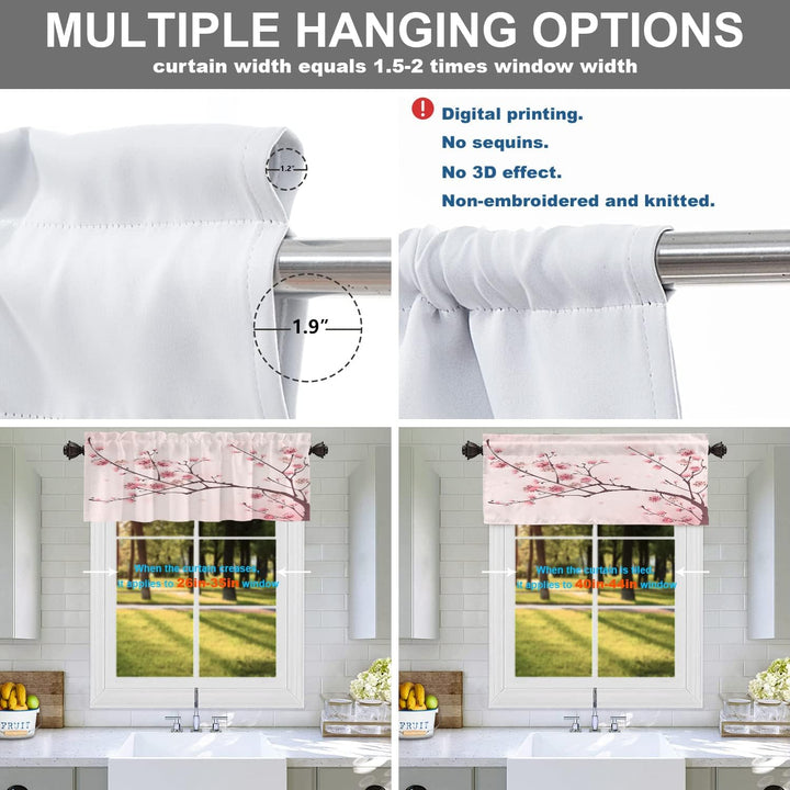 Set 2 draperii scurte decorative pentru fereastră, model flori de cireș și ramuri de prun, 132 x 40,6 cm, roz