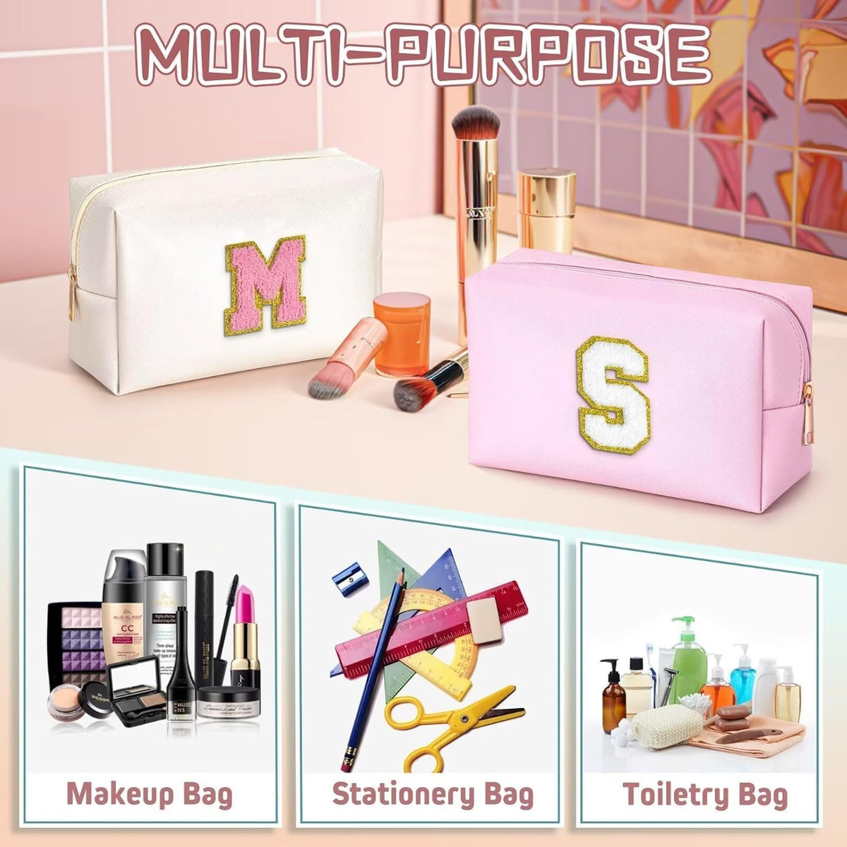 Geanta cosmetice voiaj, piele PU, 21 x 9 x 12 cm, cu litera monograma, roz
