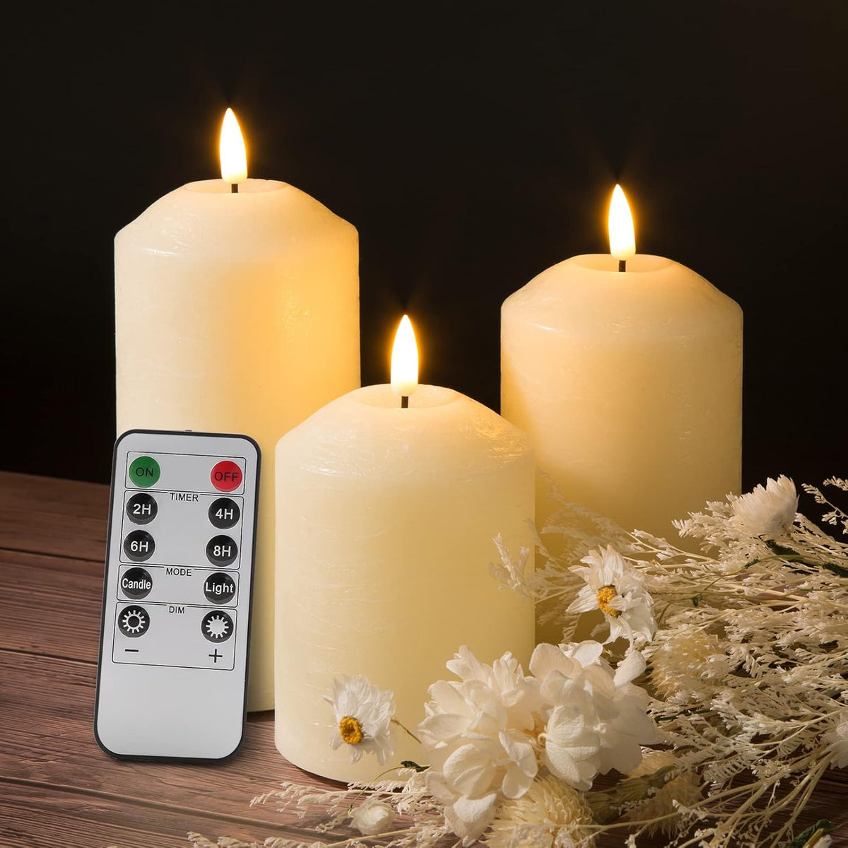 Set 3 lumanari stalp LED fara flacara, ceara de parafina, telecomanda, 7,6 cm diametru, ivoriu