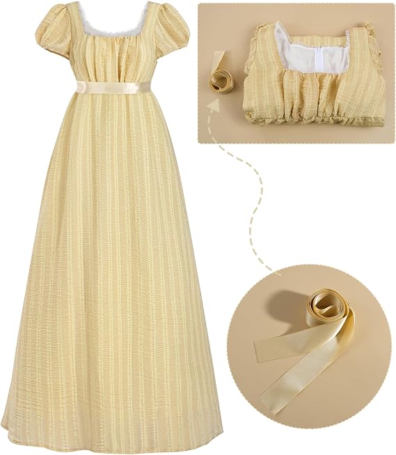 Rochie cosplay de epocă CR ROLECOS, talie înaltă, croială evazată, șampanie, XL