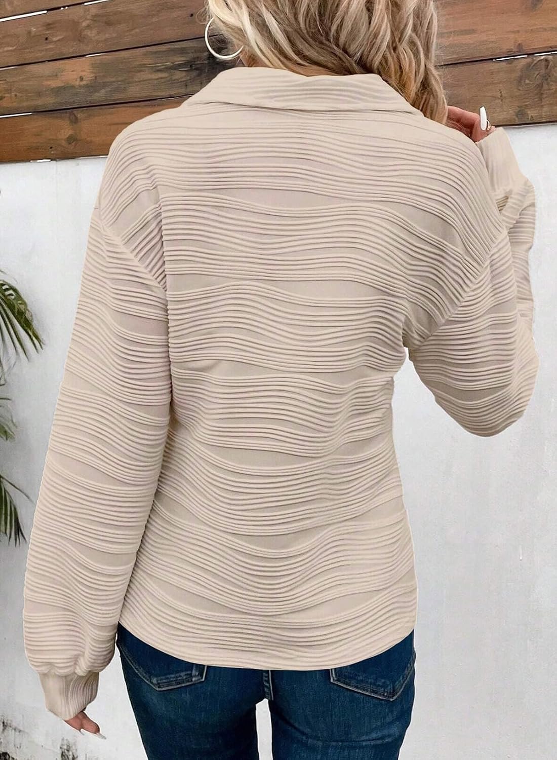  Pulover texturat cu fermoar scurt la guler Dokotoo, mânecă lungă, croială lejeră, bej, XL