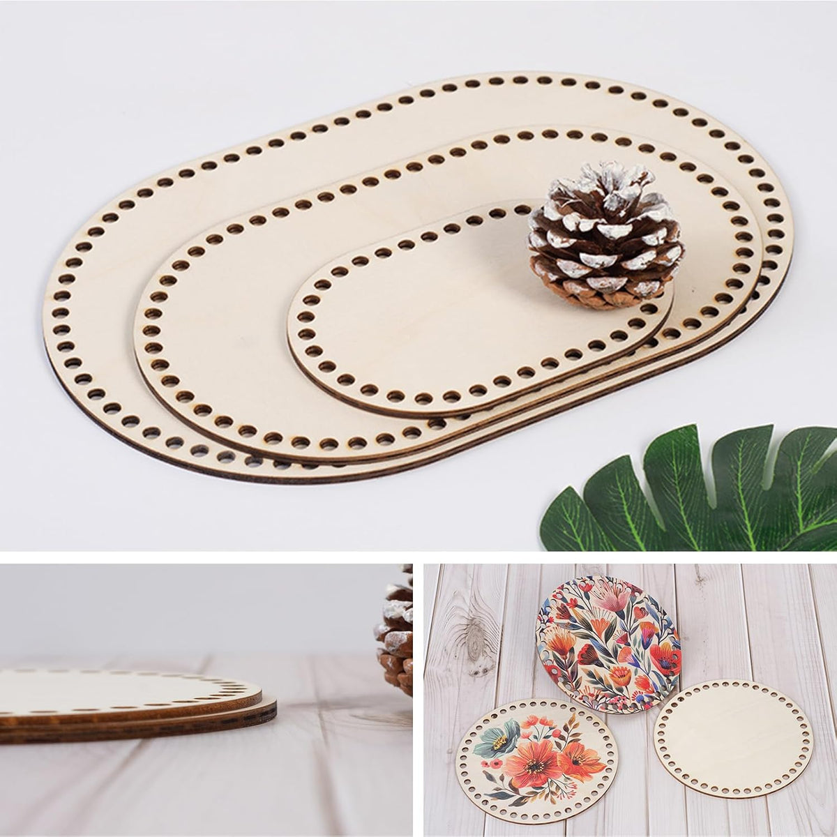 Set 5 baze pentru cos crosetat din lemn de tei, 15/20/25/30 cm, ovale si rotunde
