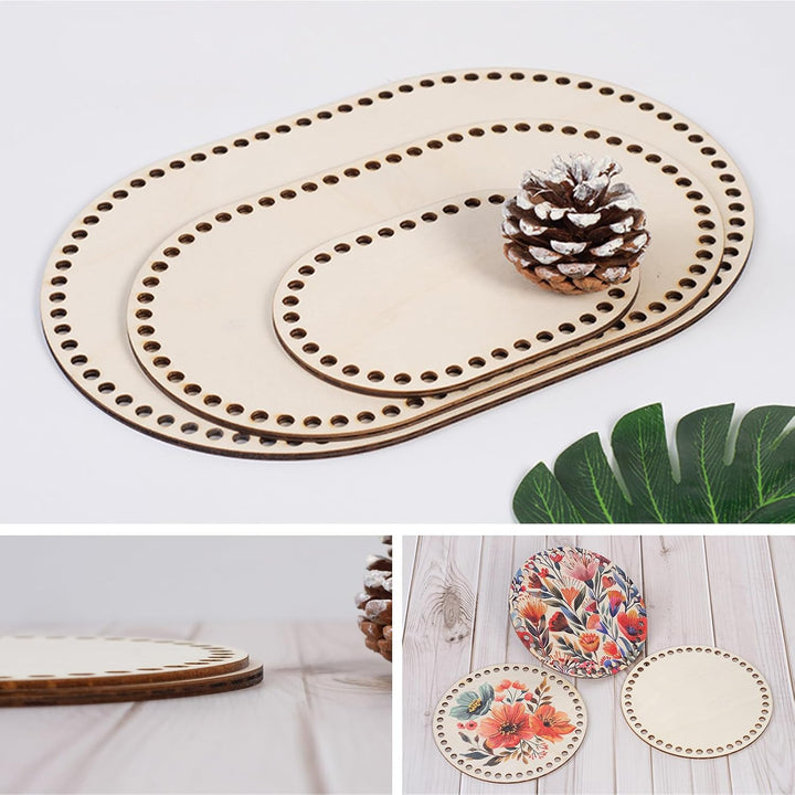 Set 5 baze pentru cos crosetat din lemn de tei, 15/20/25/30 cm, ovale si rotunde