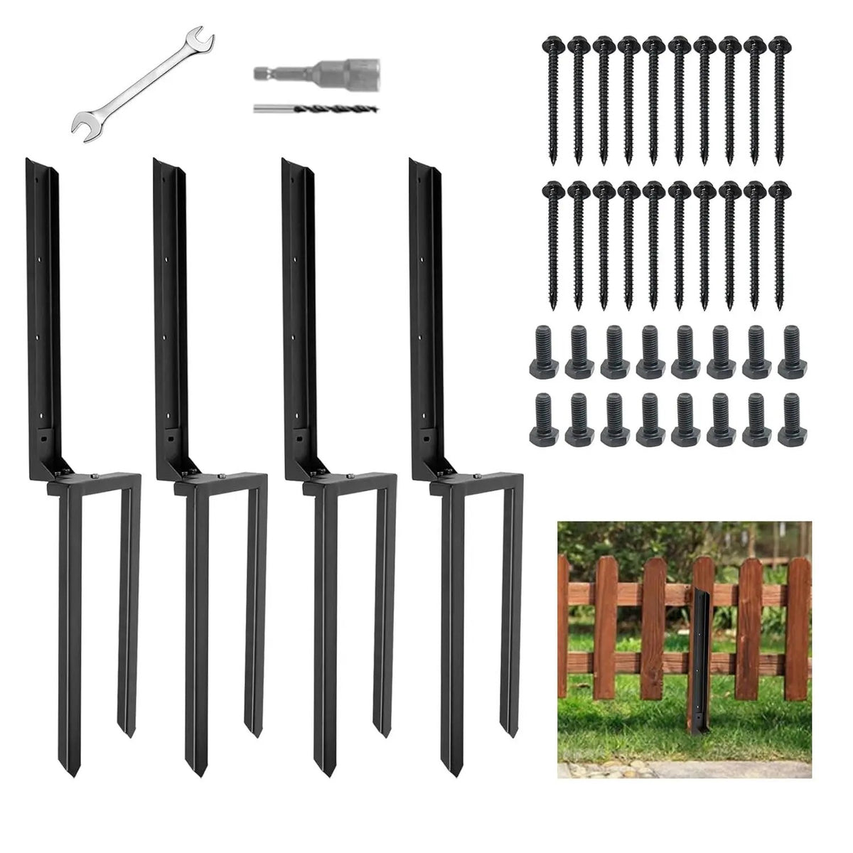 Set 4 țăruși pentru reparare stâlpi de gard, din oțel galvanizat, pentru stâlpi din lemn și metal, cu accesorii montaj
