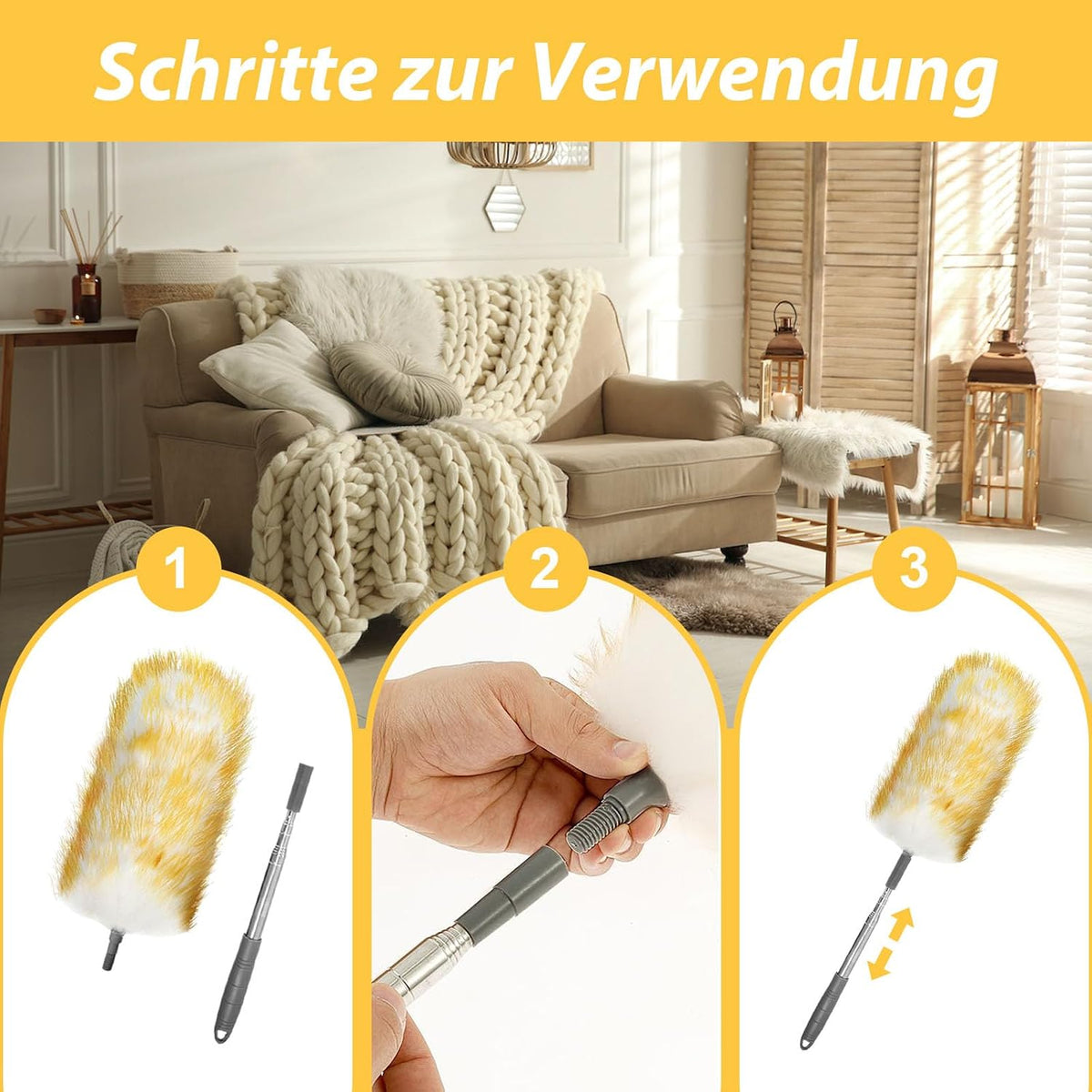 Extendable Lambswool Duster Extendable up to 130 cm Lambswool Duster Telescopic Washable for Blankets, Sensitive Surfaces, Private, Office