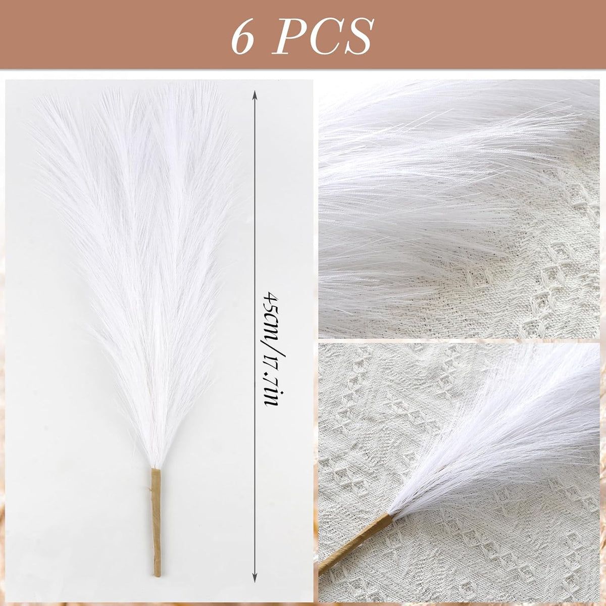 Set 6 fire de iarbă de pampas artificială, 45 cm, maleabile, alb