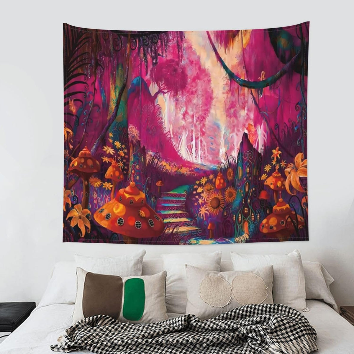 Tapiserie de perete UV, model ciuperci în pădure, 230 x 180 cm, reactivă la lumină neagră