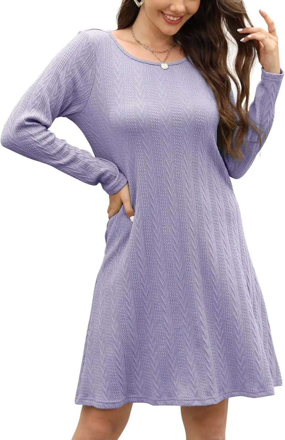 Rochie tricotată midi, mânecă lungă, guler rotund, mov, XL