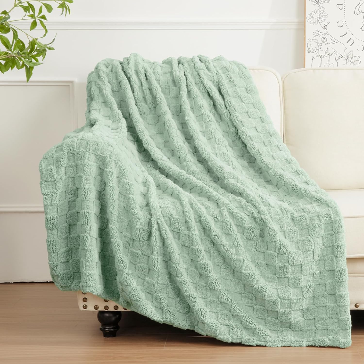 Enyhom Cuddly Fleece Blanket 228 x 228 cm, Double-Sided Soft Fluffy Sofa Blanket, Warm Plush Jacquard Blanket for Couch, Room, Decoration, Living Cuddly Blankets, Green
