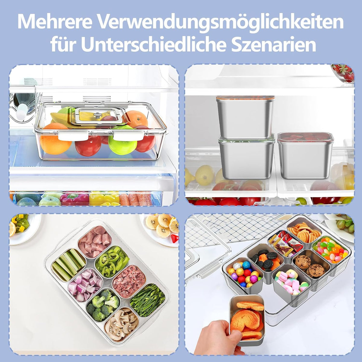 Set 2 cutii pentru gustări, 8 compartimente, 32 x 22 x 9 cm, cu capace individuale
