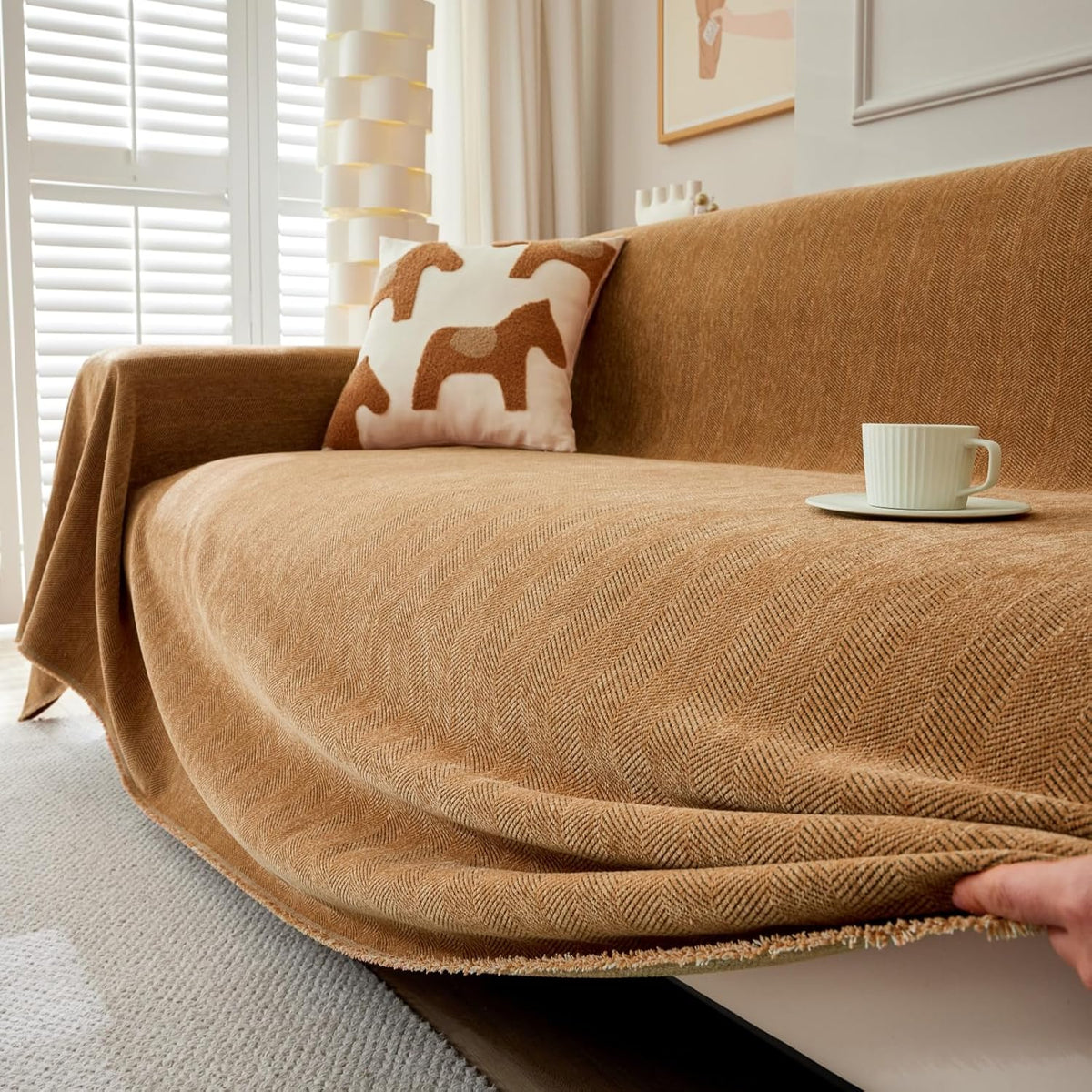 Husă pentru canapea din chenille, model tip spic, 180 x 380 cm, pentru canapele de 4 locuri, portocaliu