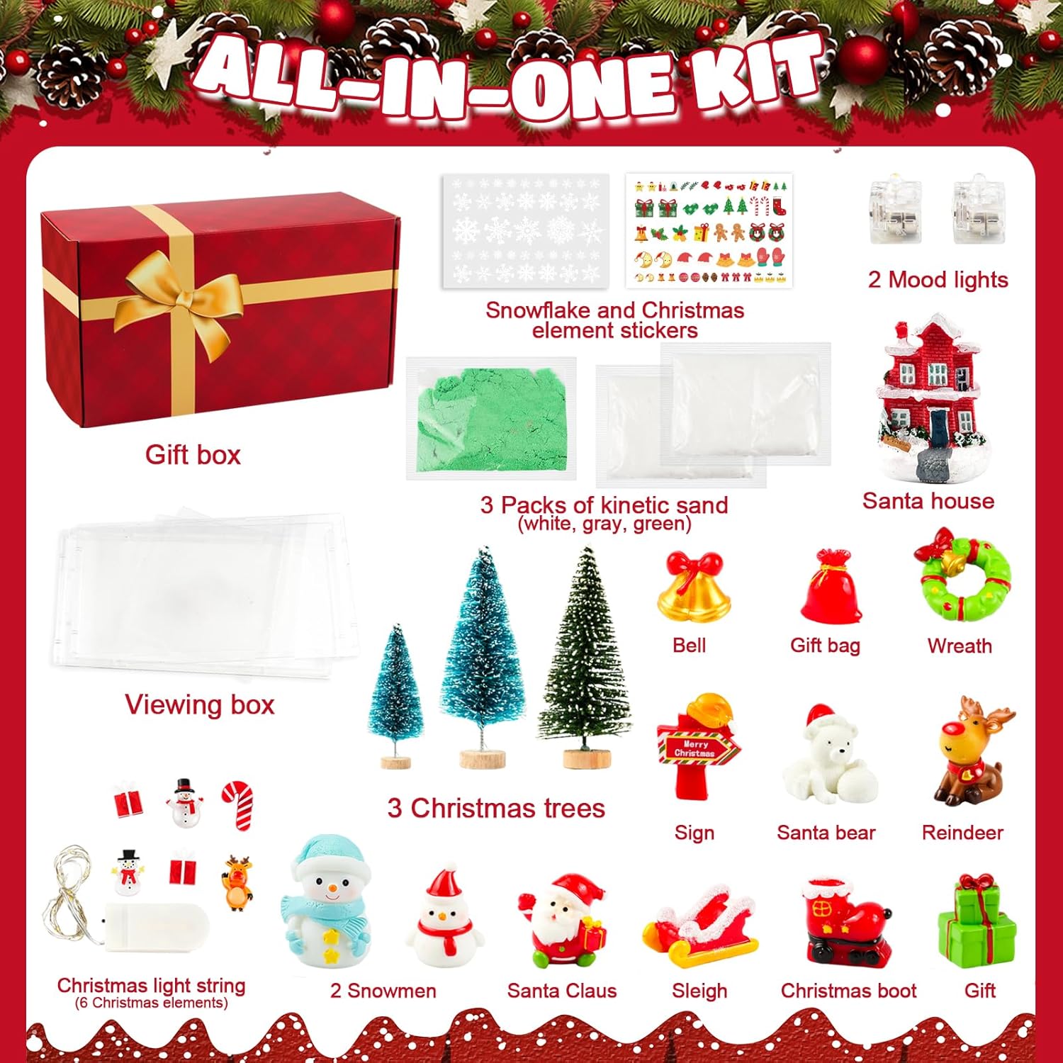 Set decorațiune de Crăciun cu figurine din rășină, scenă mini de iarnă luminoasă, nisip modelabil, lumini LED
