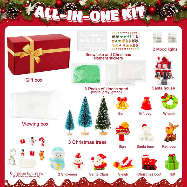 Set decorațiune de Crăciun cu figurine din rășină, scenă mini de iarnă luminoasă, nisip modelabil, lumini LED