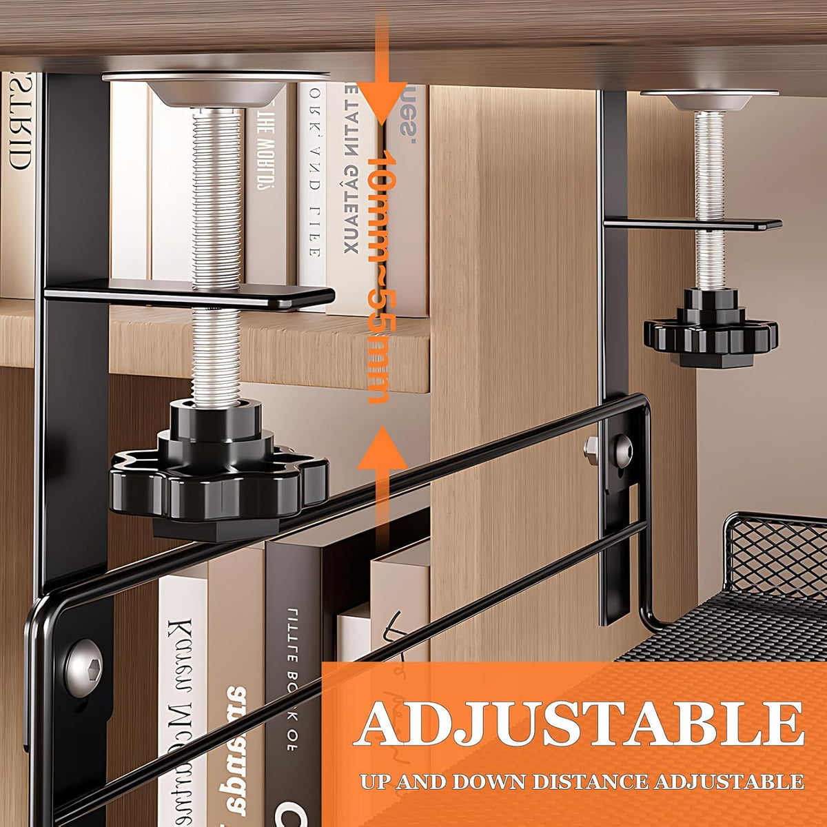 Tavă organizare sub birou 36,5 x 20 x 18 cm, oțel carbon, prindere cu clemă, negru