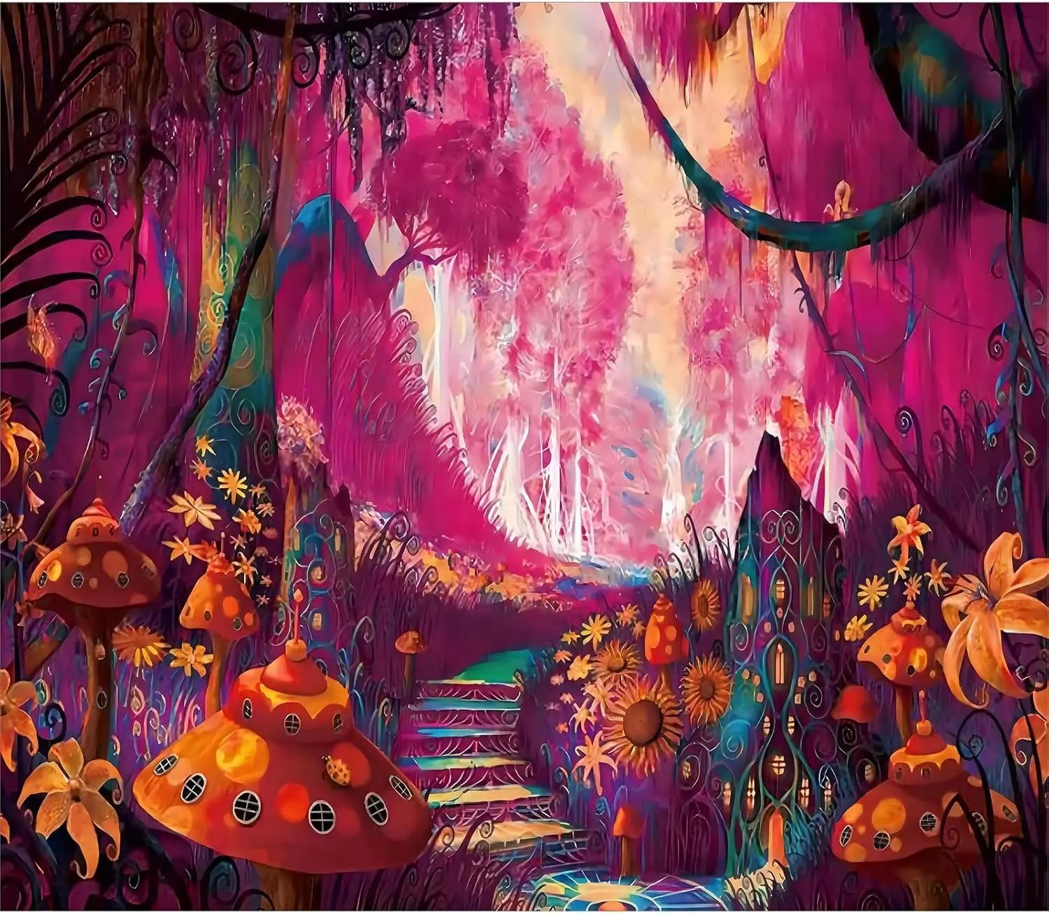Tapiserie de perete UV, model ciuperci în pădure, 230 x 180 cm, reactivă la lumină neagră