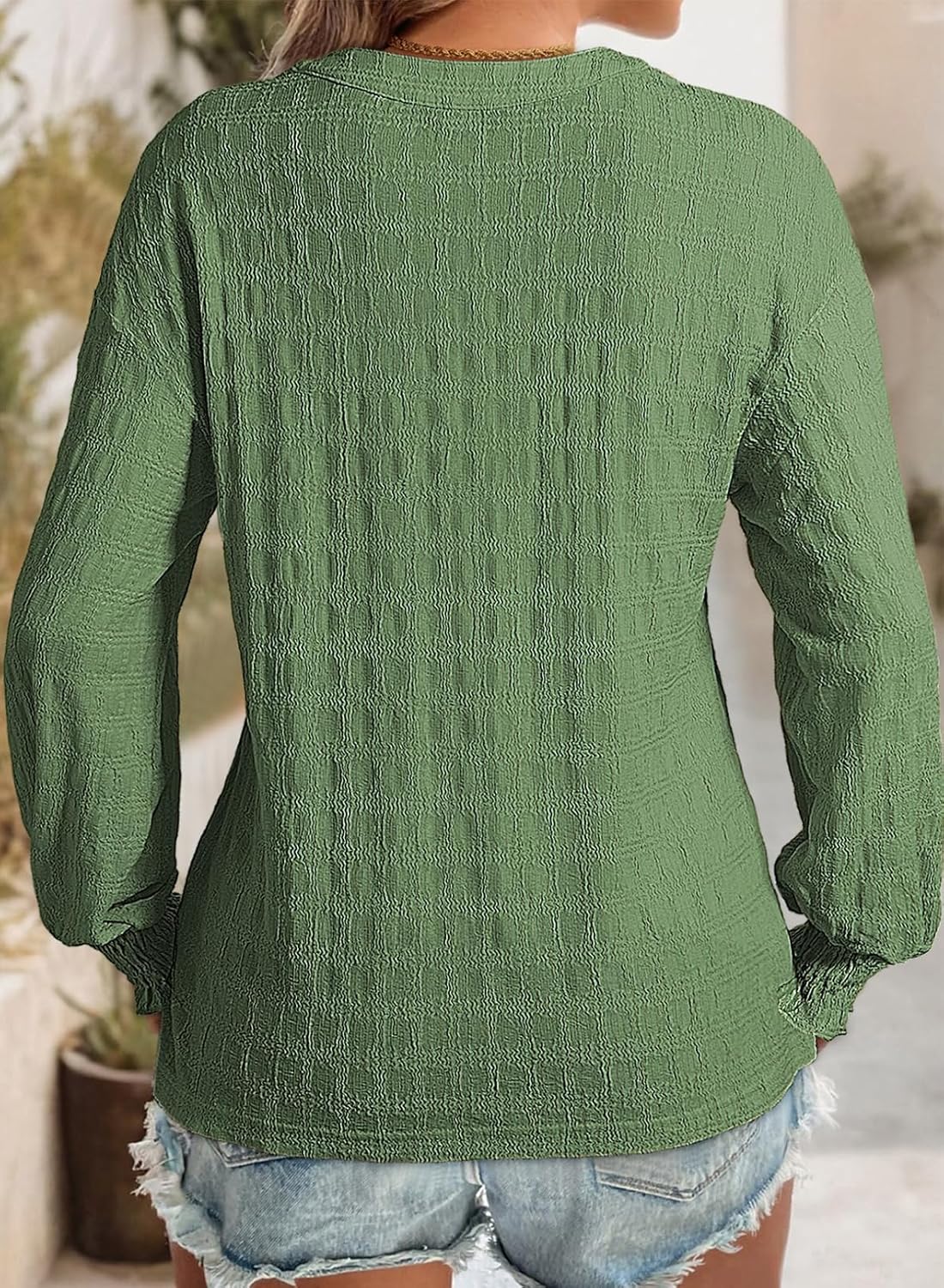 Bluză cu decolteu în V Dokotoo, mâneci lungi, croială lejeră, verde, S