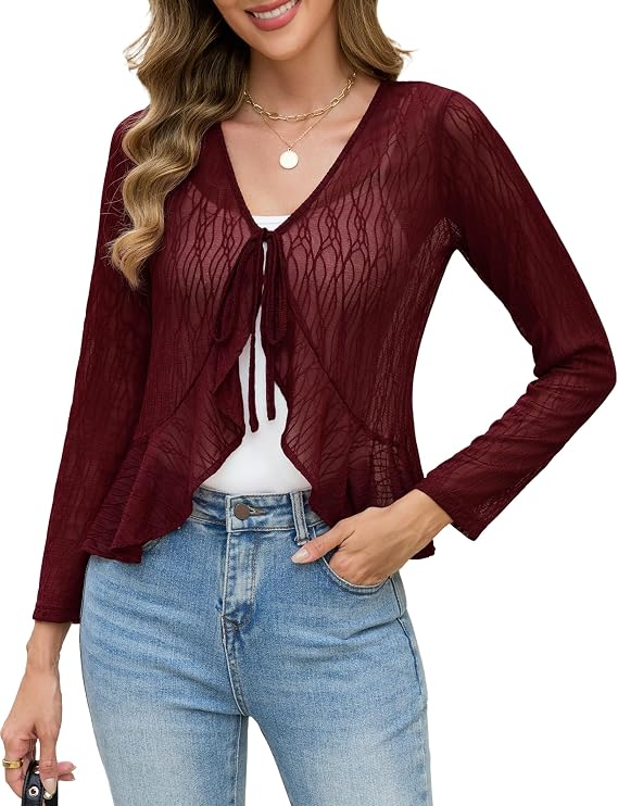 Bolero din dantelă cu mâneci lungi, ușor, WedTrend, vișiniu, XL