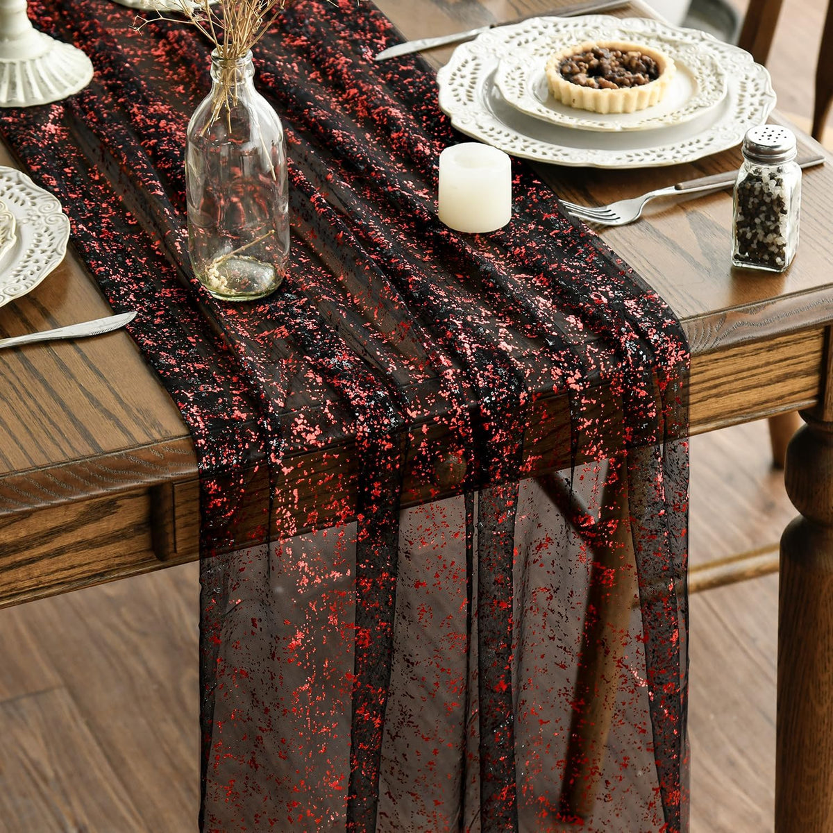 Artoid Mode Gauze Tulle Gauze Glitter Black Red 6 Pieces Halloween Table Runner 70 x 300 cm Kitchen Indoor Party Decor