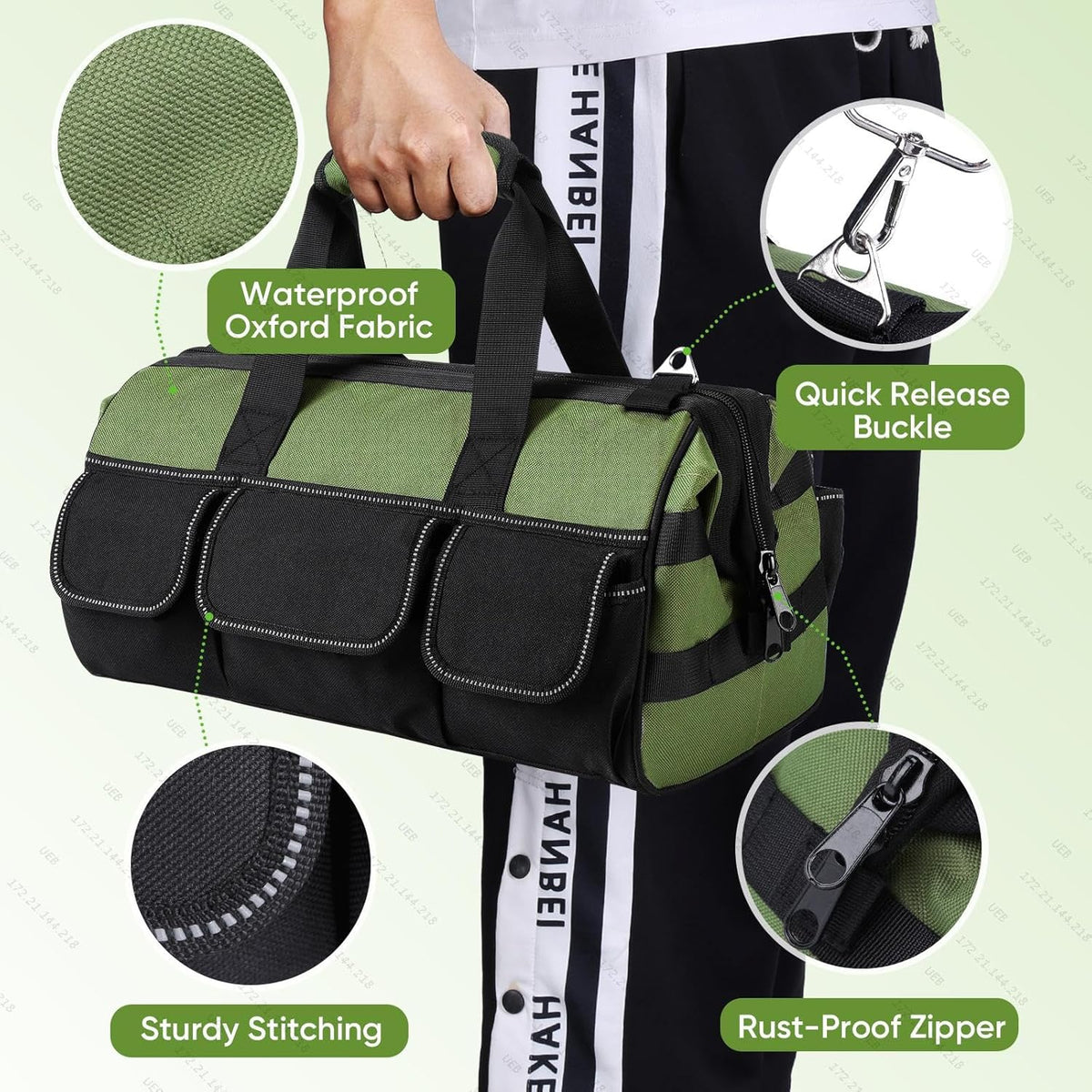 Geanta pentru electricieni 40 x 24 x 22 cm, material Oxford, rezistenta la apa, cu bretea si buzunare multiple, verde