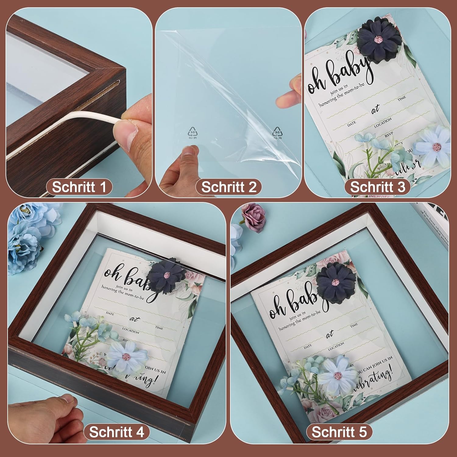 Set 2 rame foto 3D pătrate 22 x 22 cm, lemn si placă acrilică transparentă, adâncime 4 cm