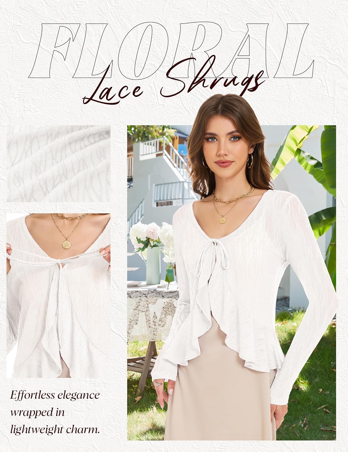 Bolero din dantelă cu mâneci lungi, ușor, WedTrend, alb, M