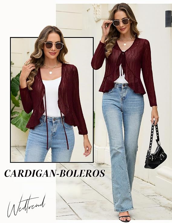 Bolero din dantelă cu mâneci lungi, ușor, WedTrend, vișiniu, XL