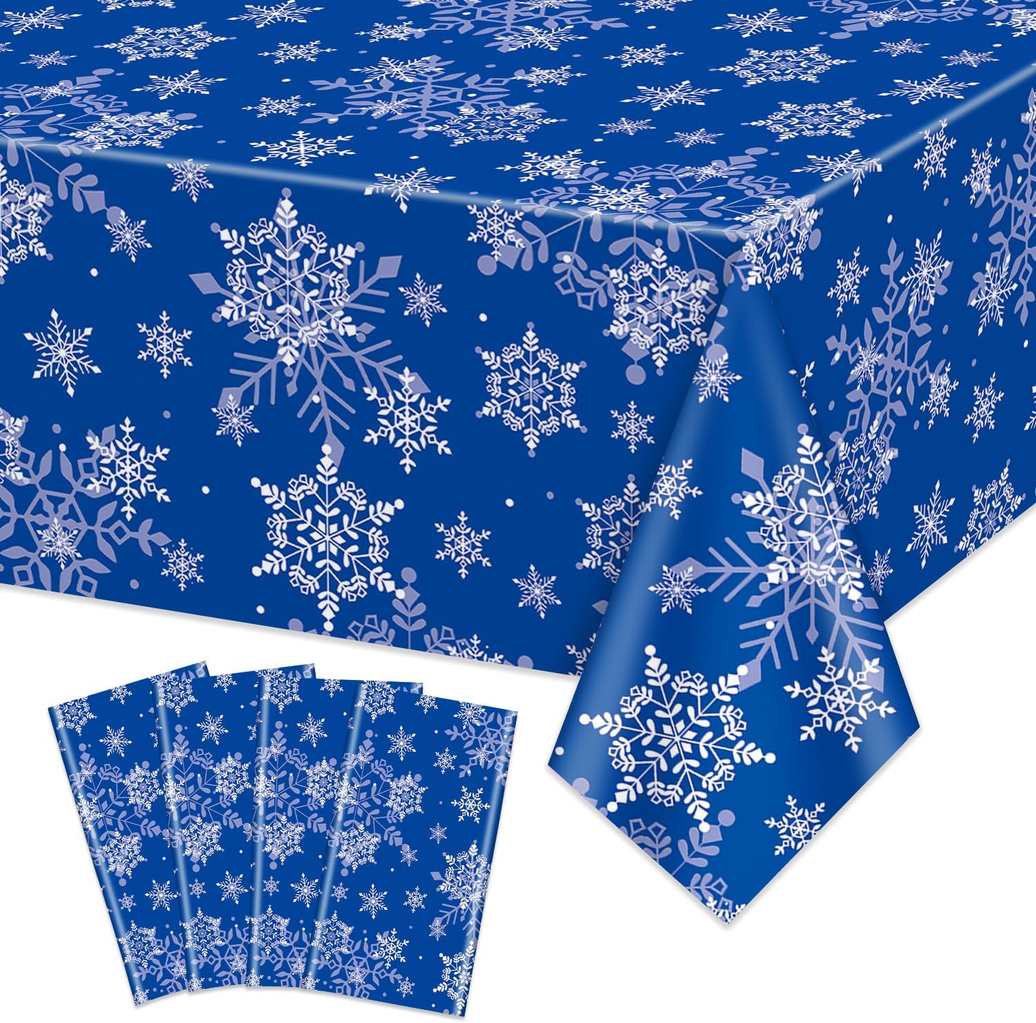 Christmas Snowflake Tablecloth, Pack of 4, Blue Snowflake Printed Tablecloth for Winter Theme Party, Christmas Holiday Decorations, 130 x 220 cm