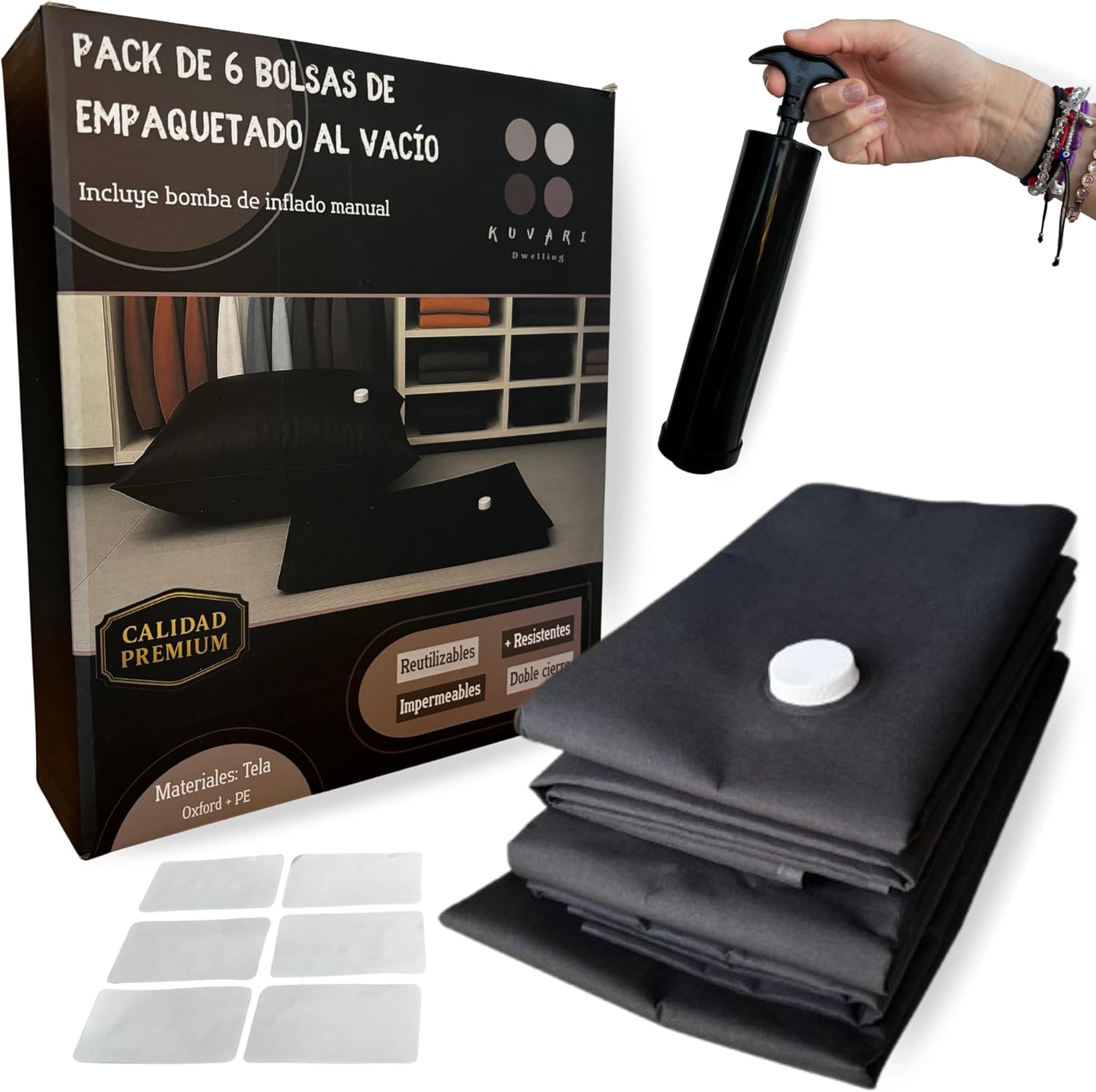 Set 6 saci de vidare pentru haine, 2S 2M 2L, cu pompa manuala si etichete