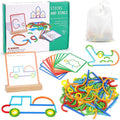 Puzzle Montessori din lemn, joc de potrivire a formelor, 120 bețișoare și inele, 20 carduri față-verso, 3-6 ani