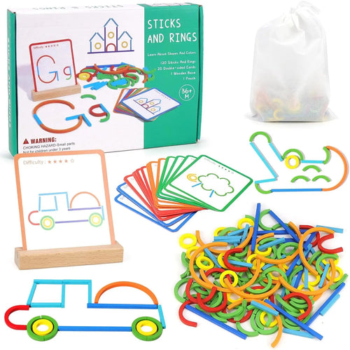 Puzzle Montessori din lemn, joc de potrivire a formelor, 120 bețișoare și inele, 20 carduri față-verso, 3-6 ani