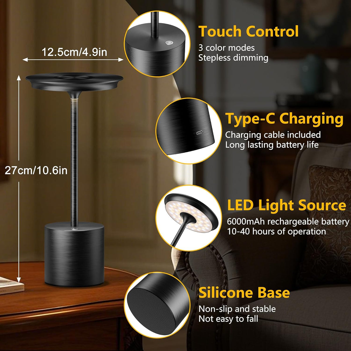 Set 2 lămpi LED de masă, 3 temperaturi de culoare, intensitate reglabilă, baterie 6000 mAh, IP54, negre