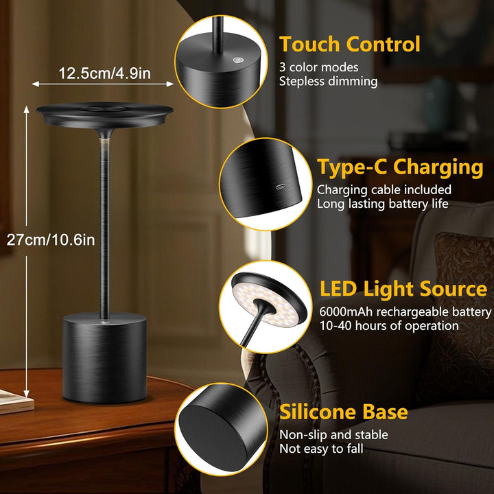 Set 2 lămpi LED de masă, 3 temperaturi de culoare, intensitate reglabilă, baterie 6000 mAh, IP54, negre
