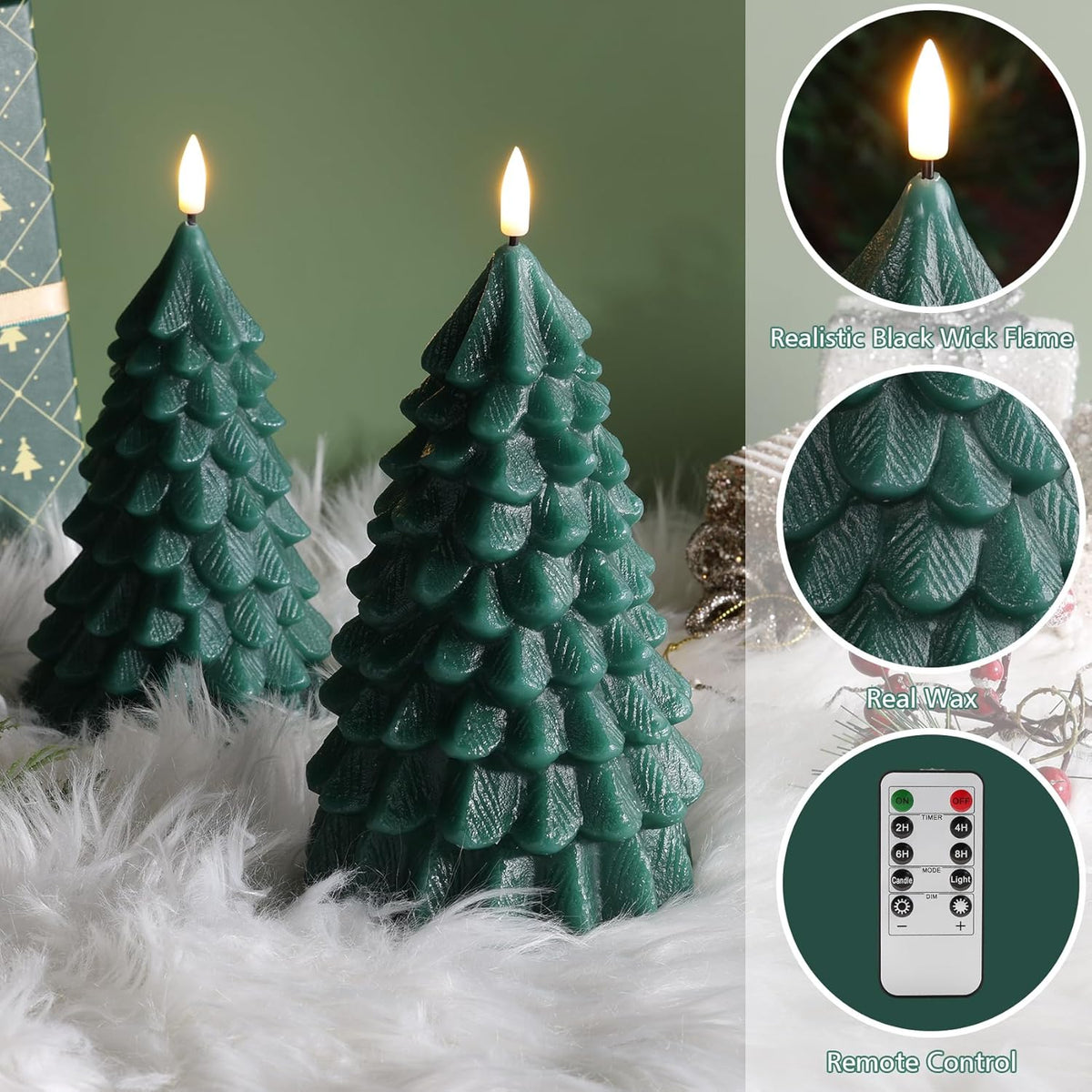 Set 2 lumanari LED, forma brad de Craciun, cu telecomanda si timer, verde