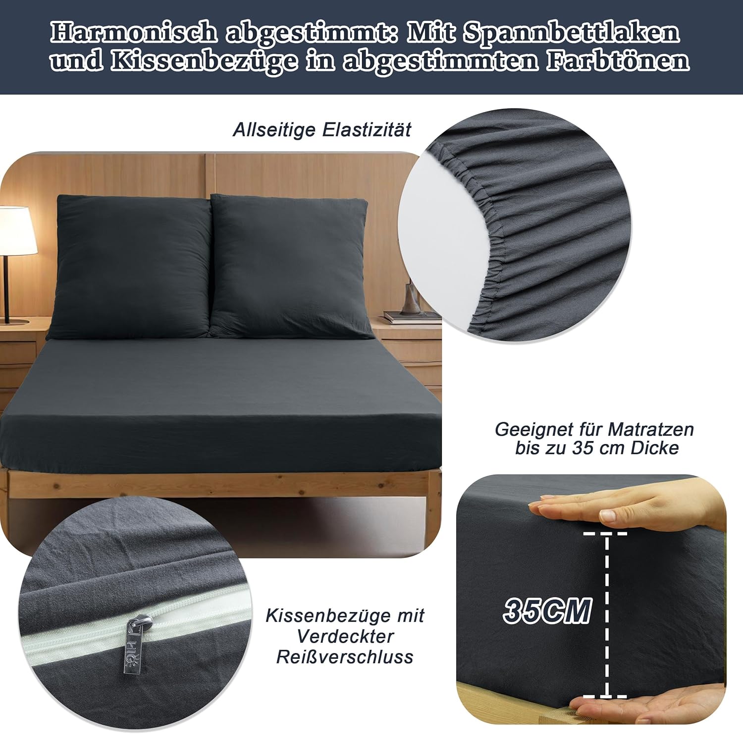 Set lenjerie de pat 5 piese din microfibra, 2 huse pilota 135 x 200 cm, cearsaf cu elastic 180 x 200 cm, gri inchis