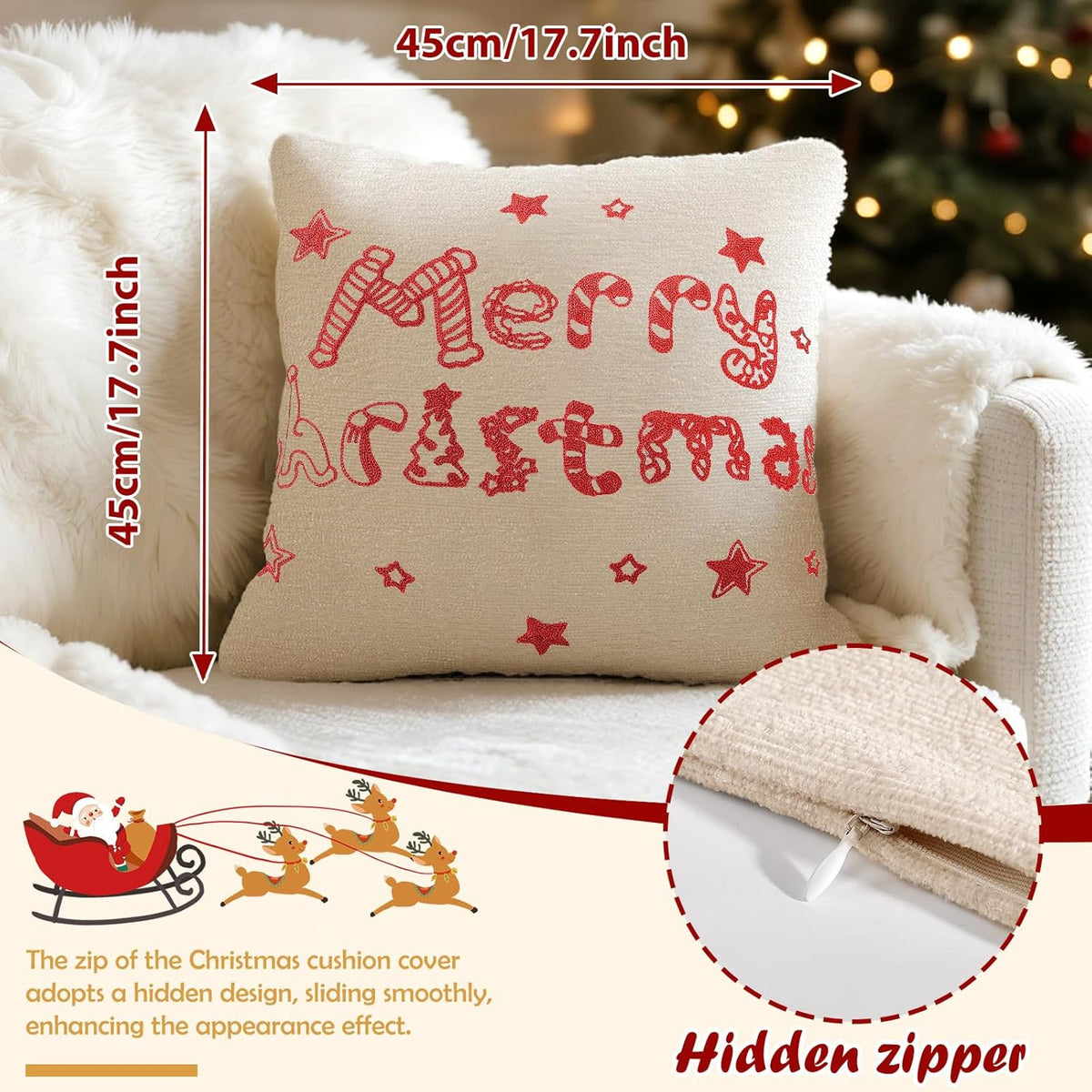 Husă pentru pernă decorativă de Crăciun, 45 x 45 cm, broderie 3D, fermoar ascuns, roșu și alb
